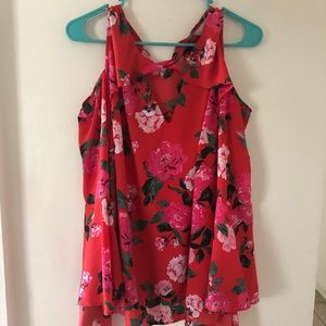 Open Shoulder Floral Red Flowy Blouse